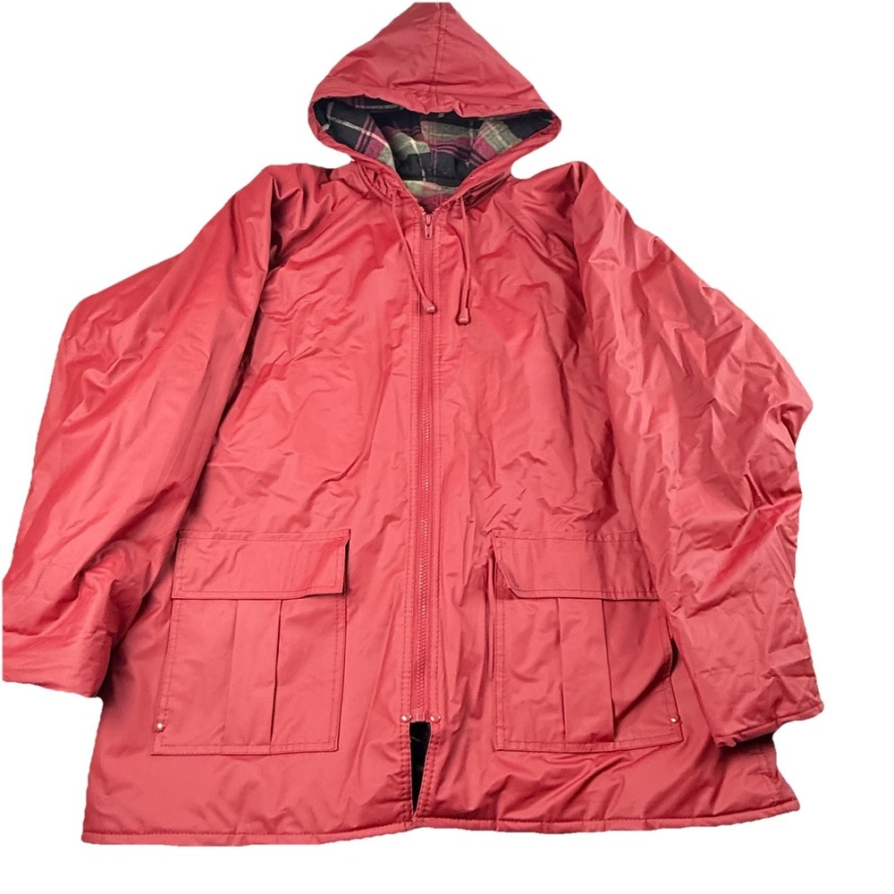 Vintage Misty Harbor Red Rain Jacket XL Hooded Plaid Lined Slicker Coat